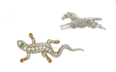 A diamond, ruby and platinum horse brooch with a diamond, emerald and silver-topped gold lizard brooch