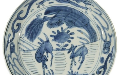 A Chinese blue and white porcelain "Two Deer" dish
