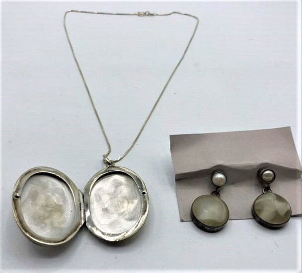 .925 Sterling Mother-of-Pear Locket Necklace & Earrings
