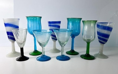 9pc Vintage Assorted Hand blown wine and cocktail glasses minute seed bubbles