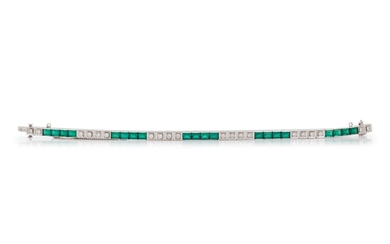 A 14 Karat White Gold, Emerald Simulant and Diamond Bracelet