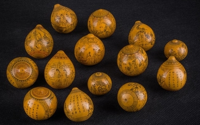 A 14 Lanzhou Engraved Gourds by Wang Yun Shan(王云山), China 1940 50's.
