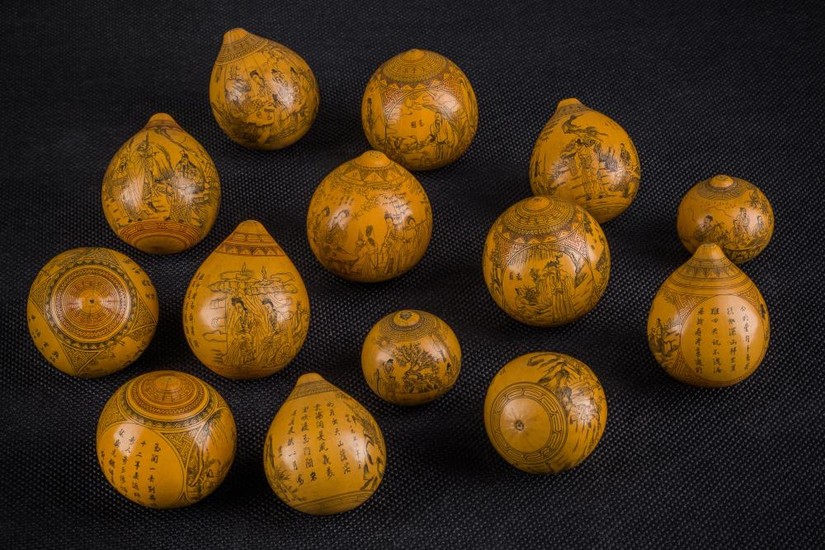 A 14 Lanzhou Engraved Gourds by Wang Yun Shan(王云山), China 1940 50's.