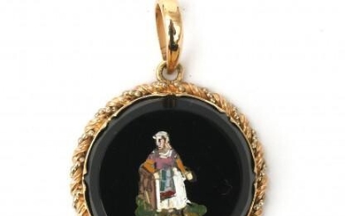 A 14 karat gold micro mosaic pendant. A round black disc which depicts a lady leaning on a fence. In an elaborate mount. Gross weight: 9 g.
