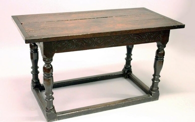 A 17TH CENTURY OAK PLANK TOP REFECTORY TABLE, with