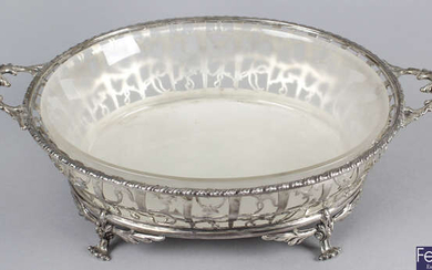 A 1930's silver pierced oval dish with frosted glass liner.