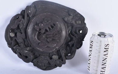 A 19TH CENTURY CHINESE CARVED DUAN STONE INK BOX AND COVER Qing, overlaid with dragons. 24 cm x 22 c
