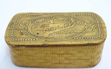 A 19thC pressed birch snuff box with carved detail, the