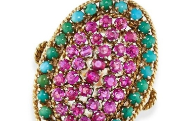 A BURMA NO HEAT RUBY AND TURQUOISE DRESS RING the oval