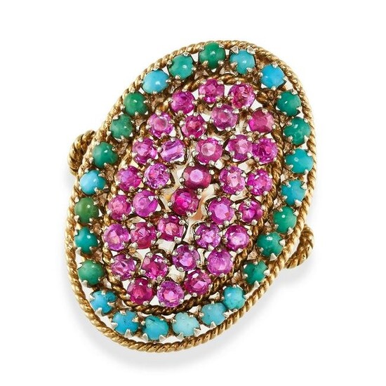A BURMA NO HEAT RUBY AND TURQUOISE DRESS RING the oval