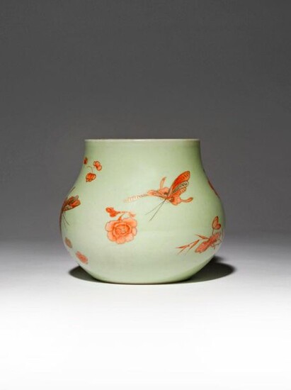 A CHINESE IRON-RED ENAMELLED CELADON-GROUND 'BUTTERFLY' VASE 19TH CENTURY The...