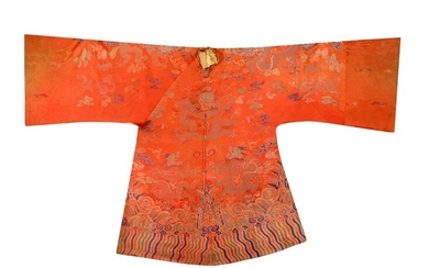 A CHINESE ORANGE-GROUND EMBROIDERED SILK 'DRAGON' ROBE LATE QING DYNASTY...