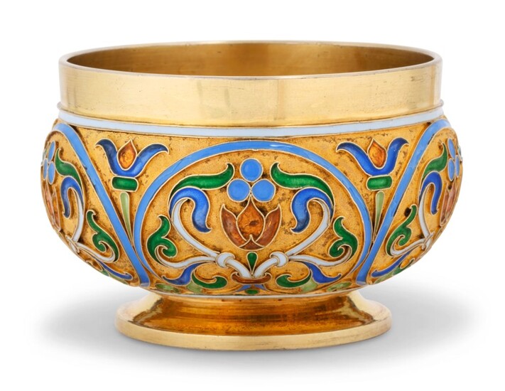 A CLOISONNÉ ENAMEL SILVER-GILT BOWL, MARKED FABERGÉ, WITH THE WORKMASTER'S MARK CYRILLIC 'NP', ST PETERSBURG, 1904-1908, SCRATCHED INVENTORY NUMBER 16996