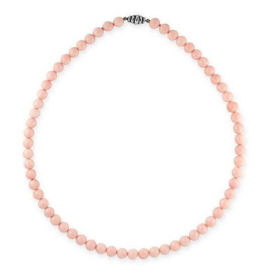 A CORAL BEAD NECKLACE comprising a single row of sixty