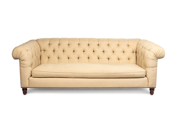 A Chesterfield Tufted Linen-Upholstered Sofa