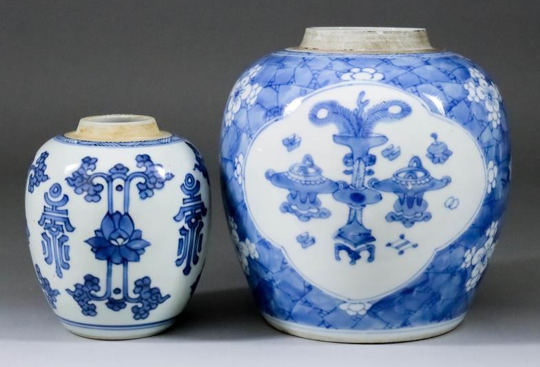 A Chinese Porcelain Blue and White Jar, Kangxi, painted...