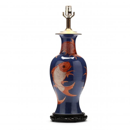 A Chinese Powder Blue Porcelain Vase Lamp with Koi Fish