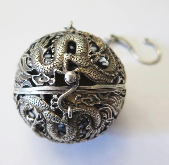 A Chinese Silvered Incense Ball, 56mm diam.