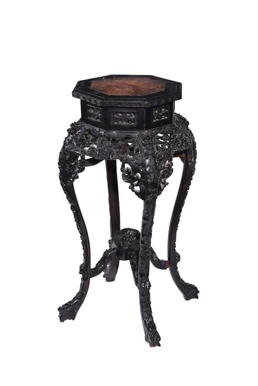 A Chinese carved hardwood and marble inset jardiniere stand