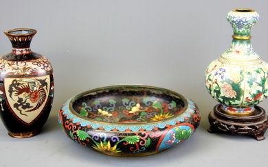 A Chinese cloisonne on copper vase on a carved wooden base, together with a cloisonne on copper bowl and a 19th Century Japanese cloisonne v