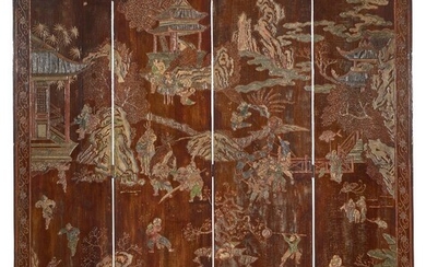 A Chinese coromandel lacquer four-panel 'festival' floor screen, late Qing dynasty, carved to both sides, one side decorated with a festival scene, with boys acting out battle scenes and playing instruments, the other side with figures boating in...