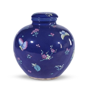 A Chinese famille rose-decorated blue-glazed porcelain "Insects and Flowers"...