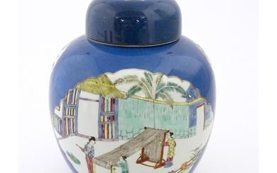 A Chinese famille verte ginger jar with a blue ground decora...