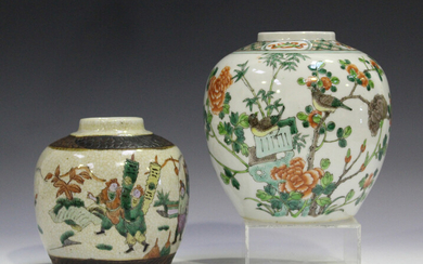 A Chinese famille verte porcelain ginger jar, late Qing dynasty, painted with birds, peonies, blosso