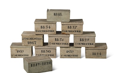 A Collection of Eleven French Painted Pinewood Archive Boxes, each baring a date between 1818 and 1867 and inscribed Semestre