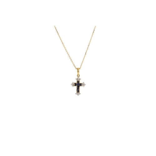 A DIAMOND AND SAPPHIRE CROSS, mounted in gold on a 9ct chain