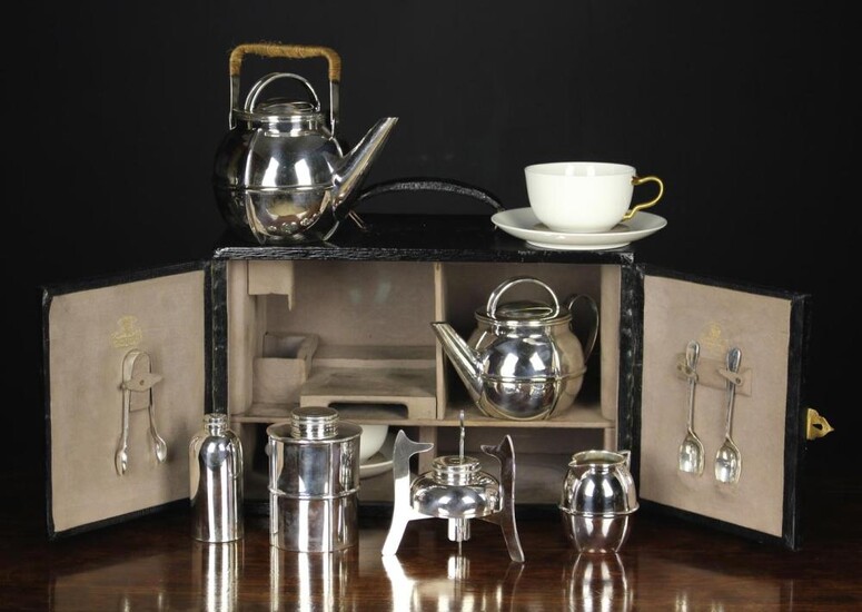 A Fine Quality Art Deco Silver Plated Picnic Teaset by Hamilton & Co. fitted in a faux black leather