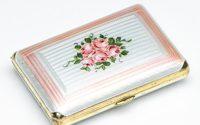 A French silver and enamel cigarette case decorated with pink...