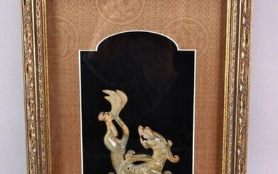 A GOOD CHINESE FRAMED CARVED JADE FIGURE OF A CHILONG