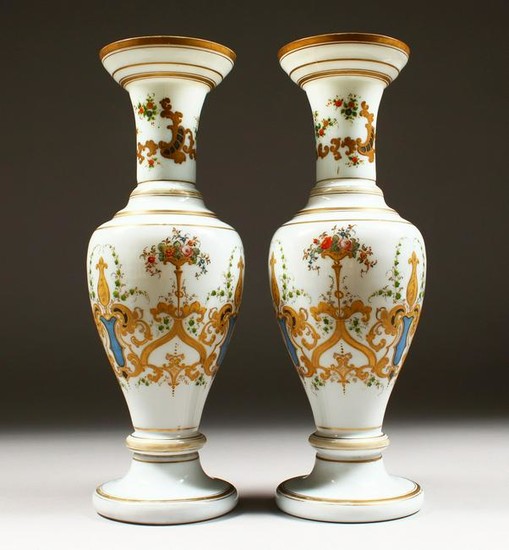 A GOOD PAIR OF 19TH CENTURY OPALINE VASES with gilt and