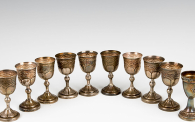 A GROUP OF 10 STERLING SILVER KIDDUSH BEAKERS. Probably...