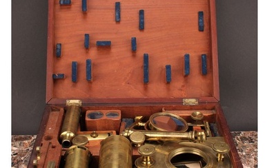 A George III lacquered brass solar microscope, two-part tube...