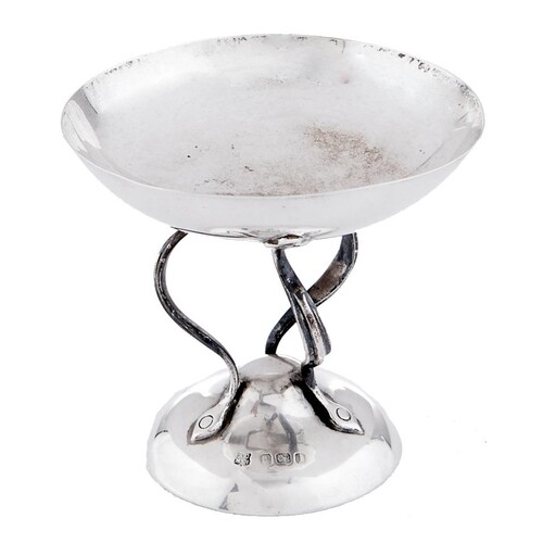 A George V art nouveau silver sweetmeat stand, on three whip...