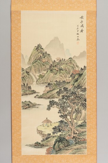 A HANGING SCROLL PAINTING OF A RIVER LANDSCAPE, AFTER WEN ZHENGMING