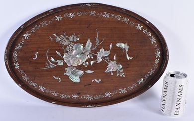 A LARGE 19TH CENTURY CHINESE MOTHER OF PEARL INLAID HARDWOOD TRAY decorated with foliage. 44 cm x 28