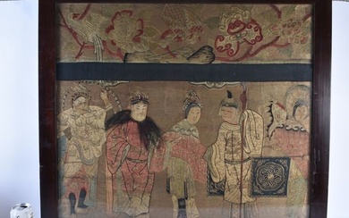 A LARGE 19TH CENTURY CHINESE SILK EMBROIDERED PANEL Qing, depicting five figures under a banding of