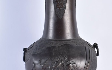 A LARGE 19TH CENTURY JAPANESE MEIJI PERIOD BRONZE VASE decorated with birds and foliage. 42 cm x 20