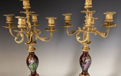 A LARGE PAIR OF FRENCH LIMOGES ENAMEL CANDELABRA