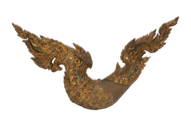 A Large Thai Giltwood and Mirror-Inset Dragon Ornament