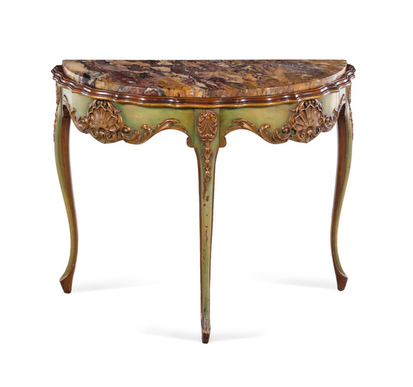 A Louis XV Style Painted and Parcel Gilt Marble-Top Console Table