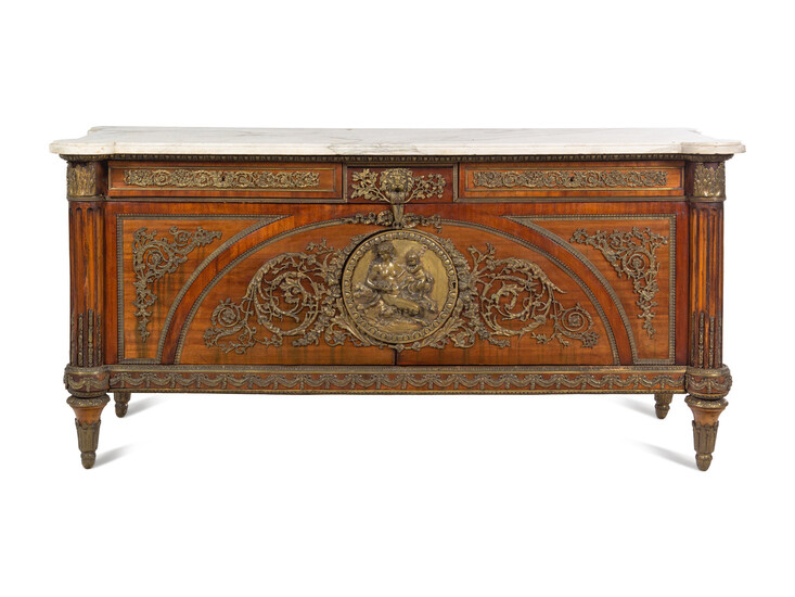 A Louis XVI Style Gilt Bronze Mounted Mahogany Marble-Top Commode à Vantaux