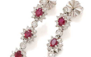 A PAIR OF 14CT WHITE GOLD RUBY AND DIAMOND DROP...