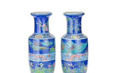 A PAIR OF CHINESE POLYCHROME ENAMELLED ROULEAU VASES 19th century