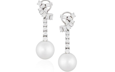 A PAIR OF CULTURED PEARL AND DIAMOND PENDENT EARRINGS, CIRCA...