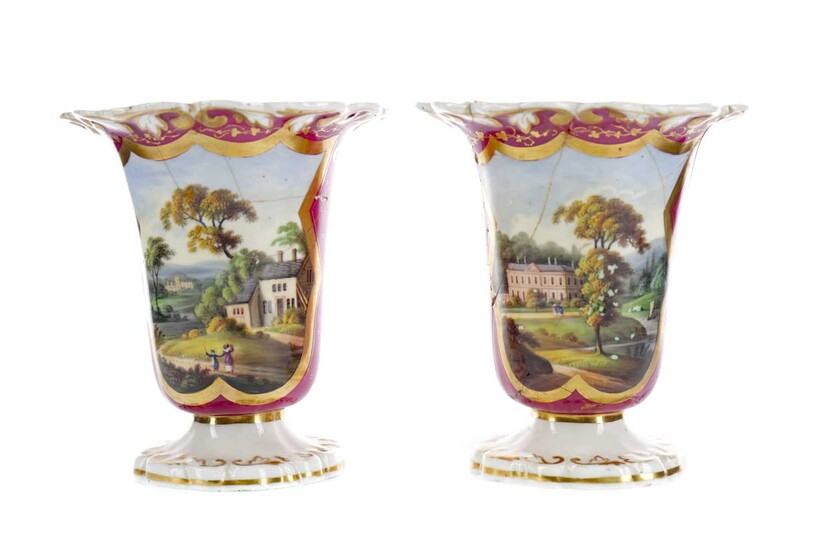 A PAIR OF EARLY 19TH CENTURY ENGLISH PORCELAIN SPILL VASES, ALONG WITH ANOTHER