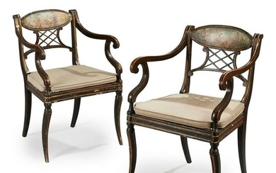 A PAIR OF EARLY REGENCY EBONISED, PAINTED AND GILT OPEN